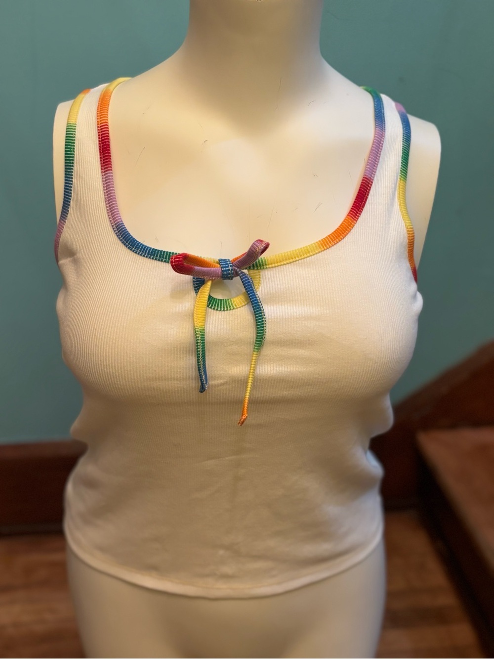 Women’s White Tank Top with Rainbow Trim With bow